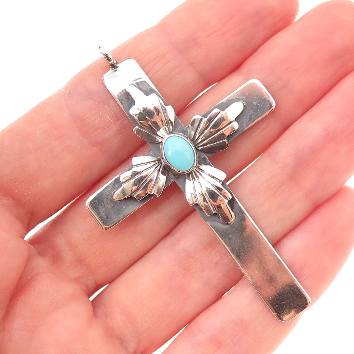James Shay Navajo Old Pawn 925 Sterling Silver Vintage Turquoise Cross Pendant