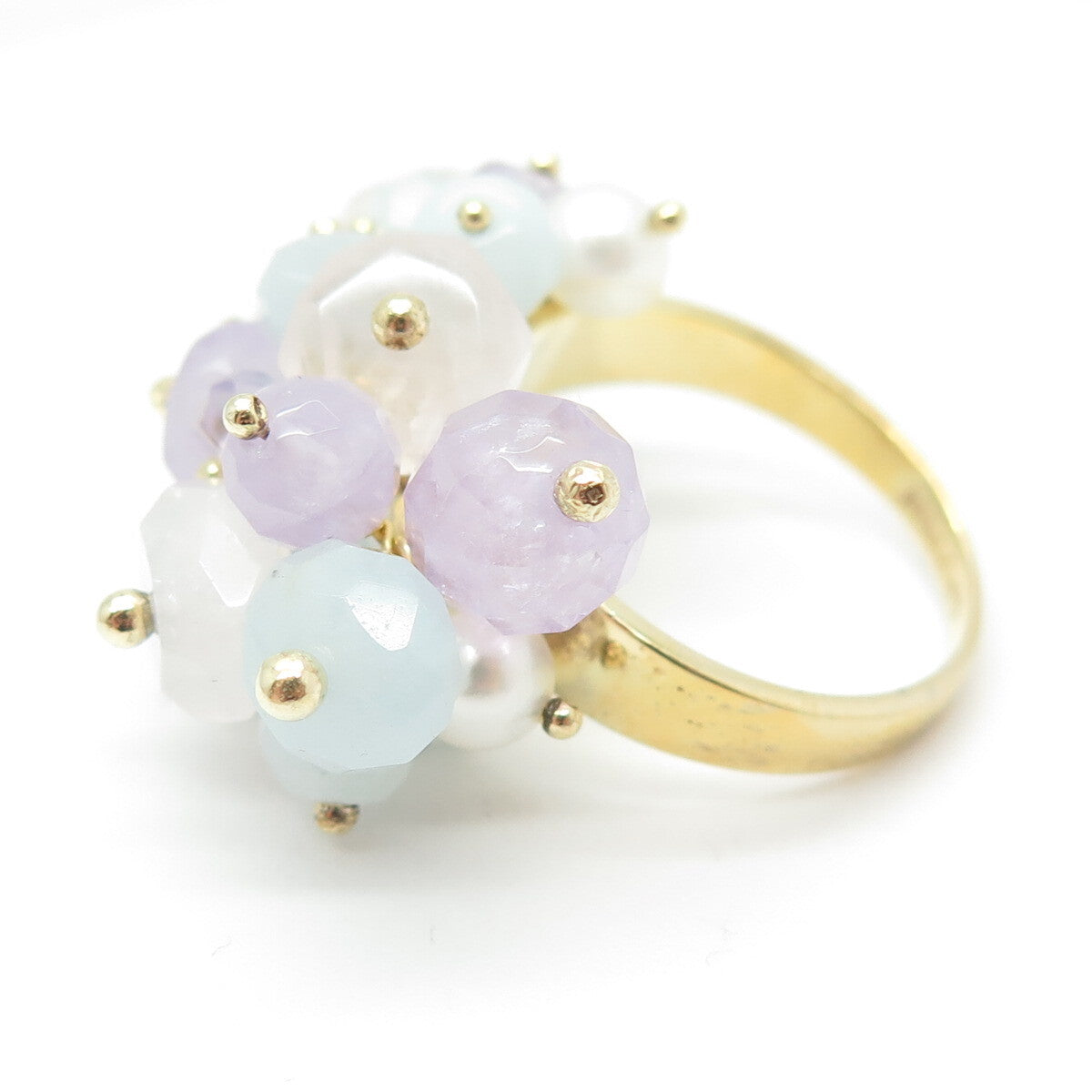 DALIA 925 Sterling Gold Plated Pearl Quartz Amethyst & Aquamarine Ring Size 9.75