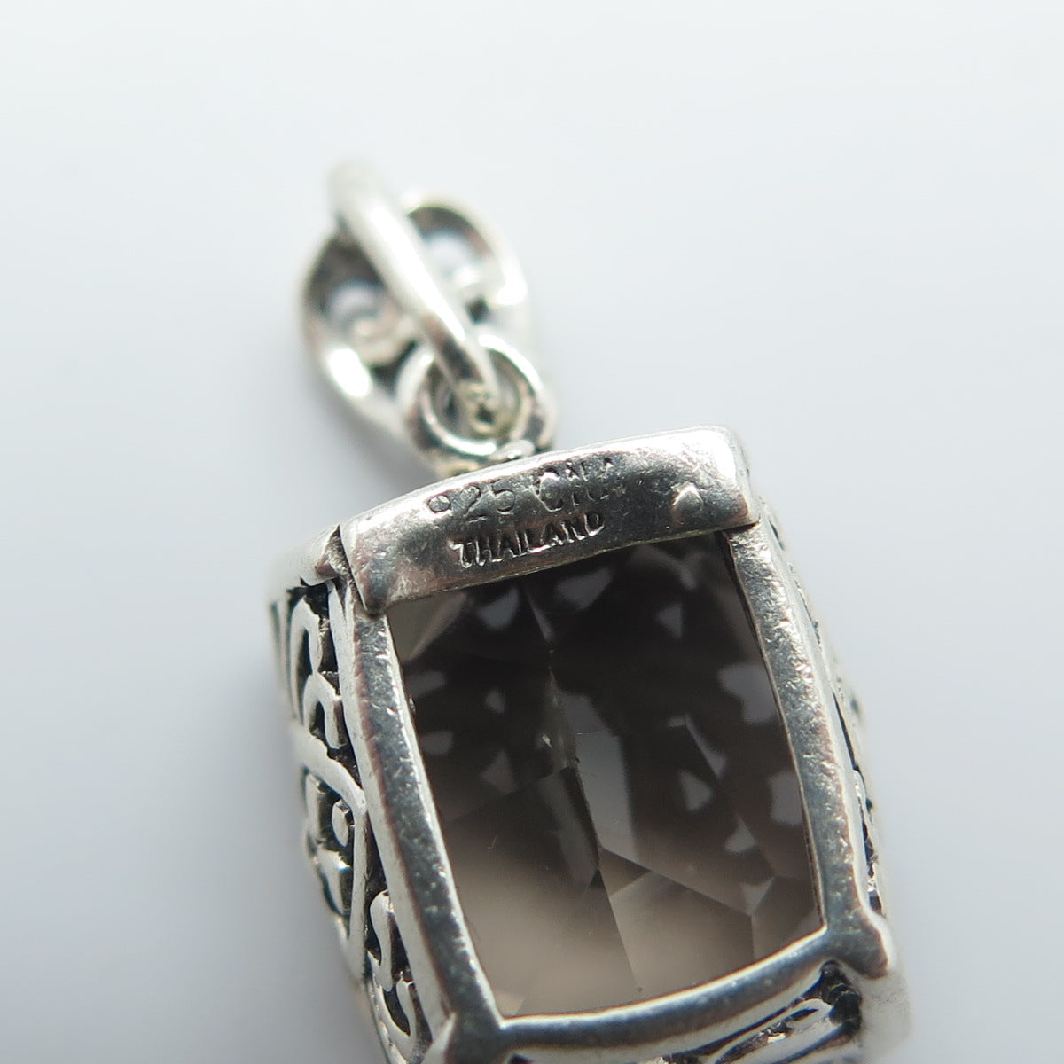 925 Sterling Silver Vintage Real Smoky Quartz Ornate Pendant