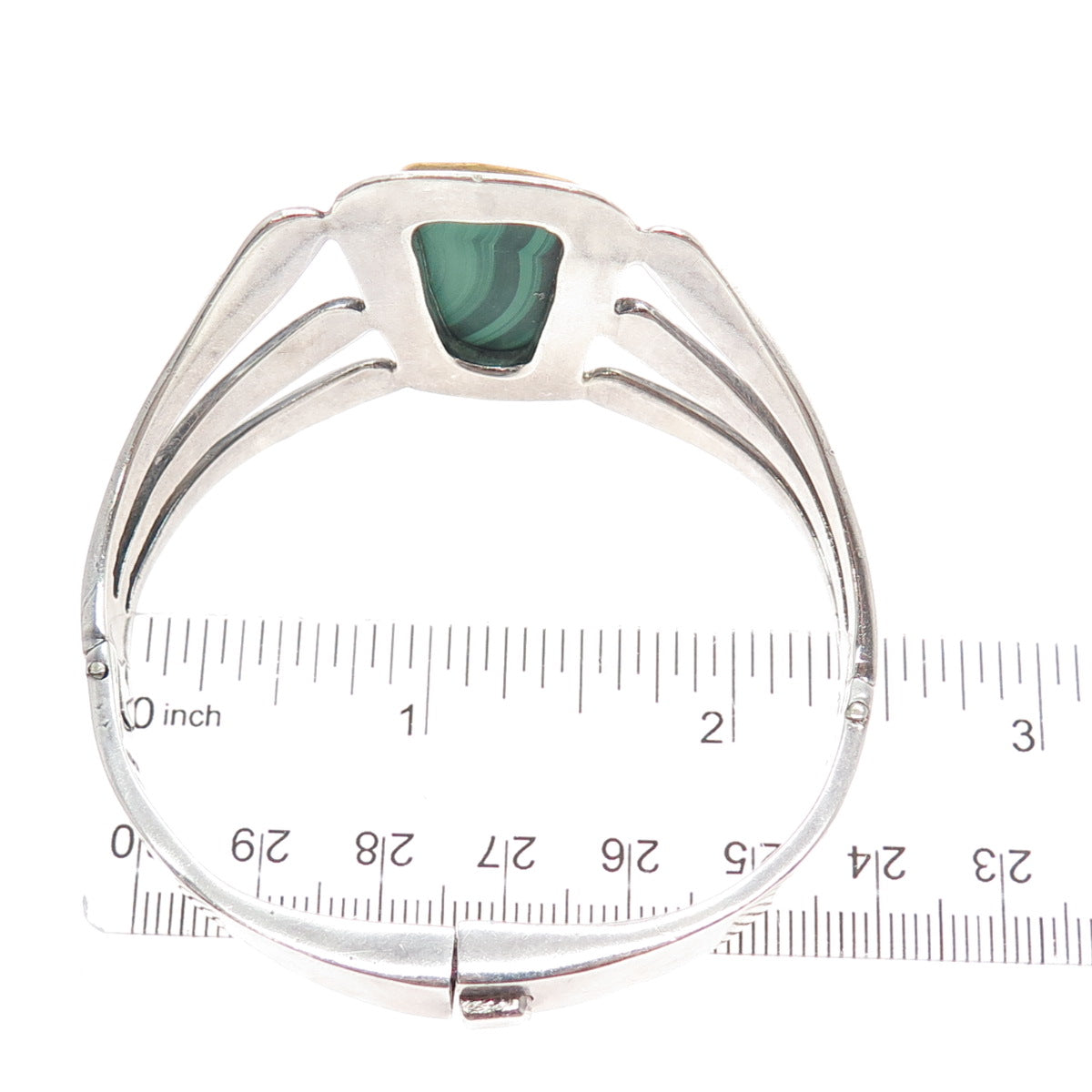 ALICIA Sterling Vintage Mexico Real Malachite Modernist Heavy 57.8g Bracelet 7"