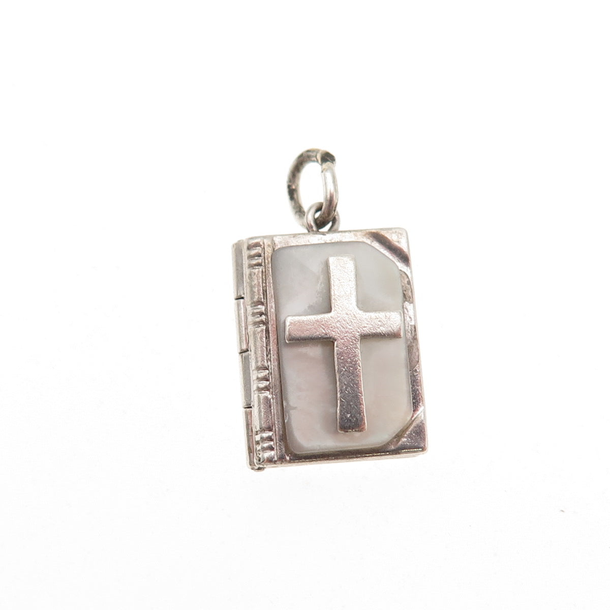 925 Sterling Antique Real MOP Prayer Cross Bible Mini Locket Charm Pendant
