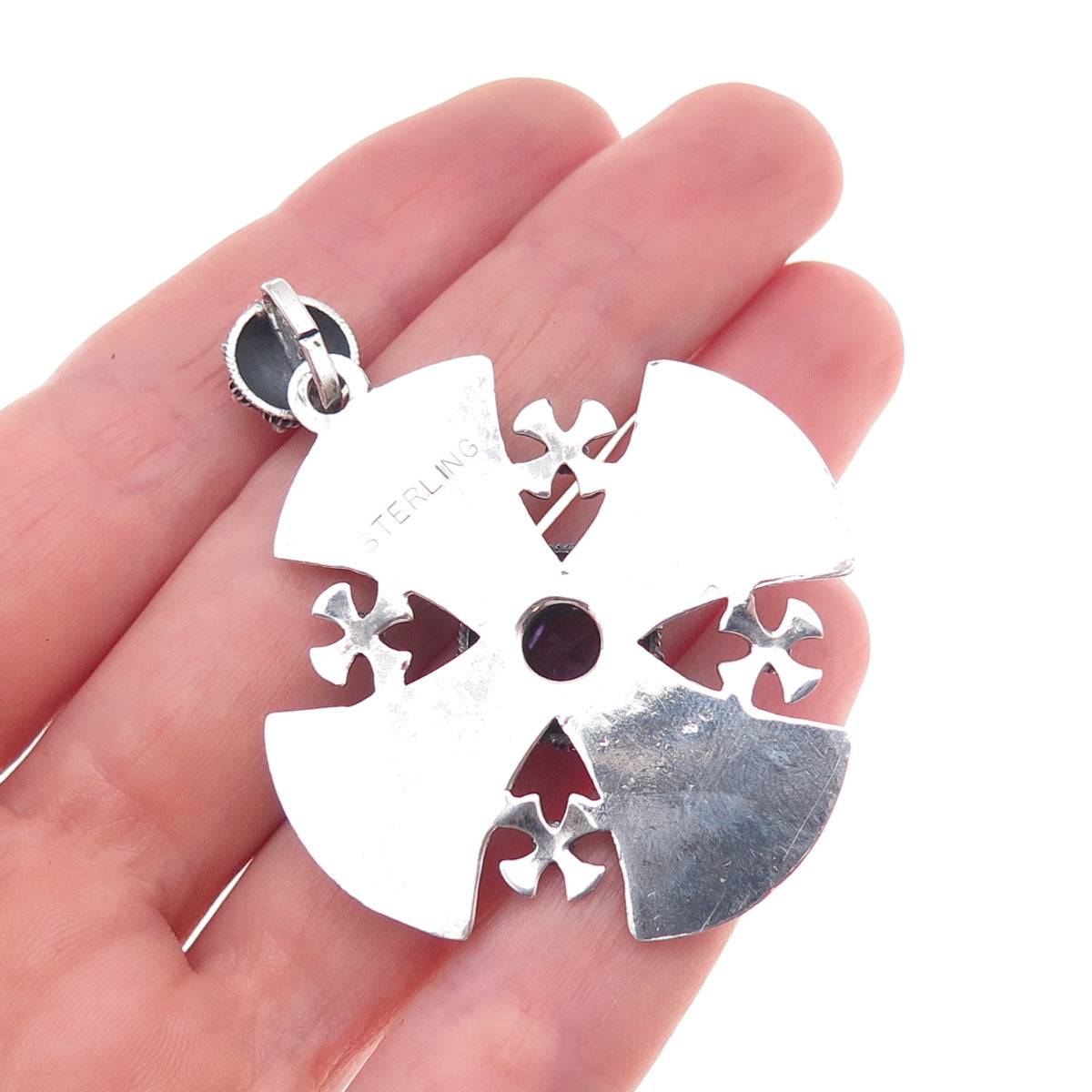 925 Sterling Silver Vintage Lab-Created Peacock Sapphire Jerusalem Cross Pendant