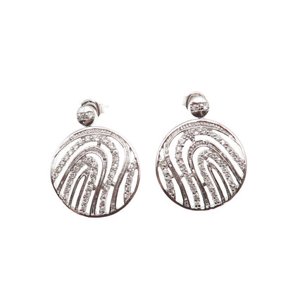 925 Sterling Silver Round-Cut C Z Fingerprint Disc Dangle Earrings