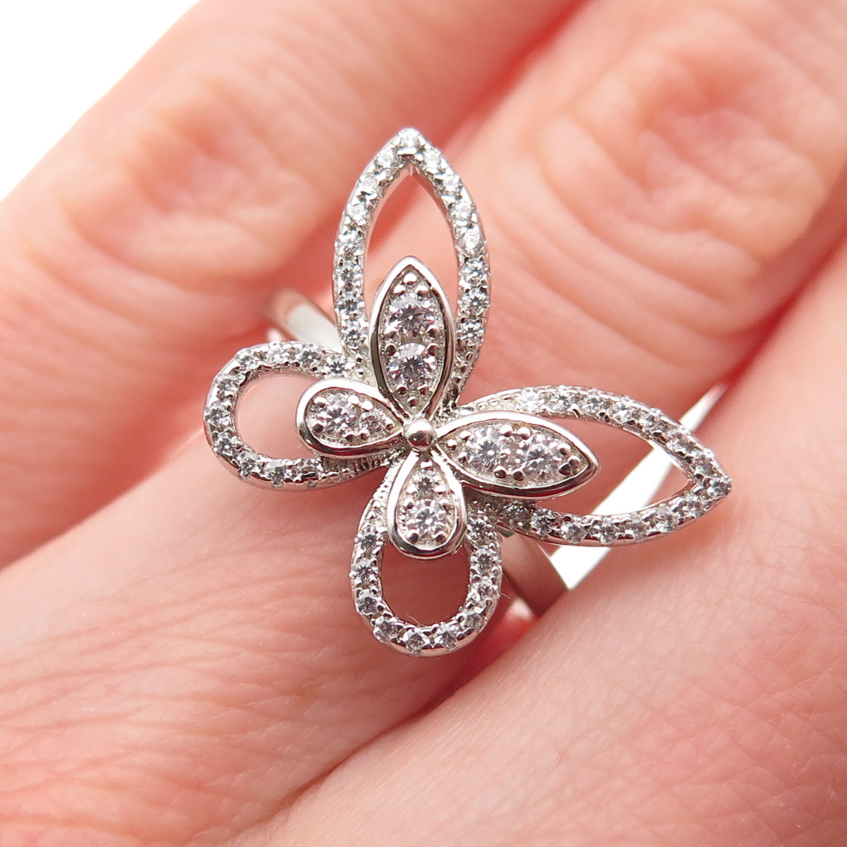 DSMK 925 Sterling Silver Round-Cut C Z Butterfly Ring Size 6