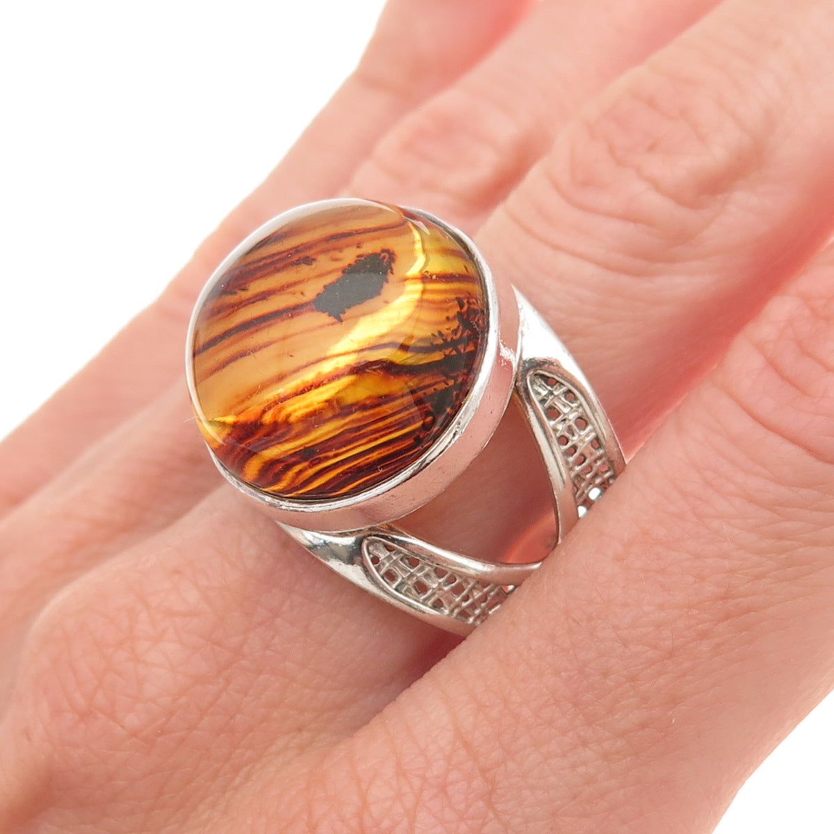 925 Sterling Silver Vintage Real Amber Modernist Oxidized Ring Size 11.25