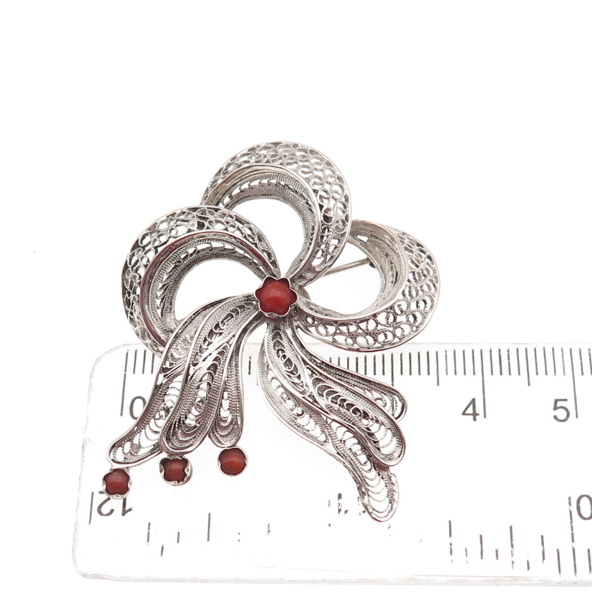 800 Silver Antique Art Deco Real Coral Floral Filigree Pin Brooch