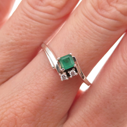 925 Sterling Silver Vintage Real Emerald & C Z Bypass Ring Size 7.25