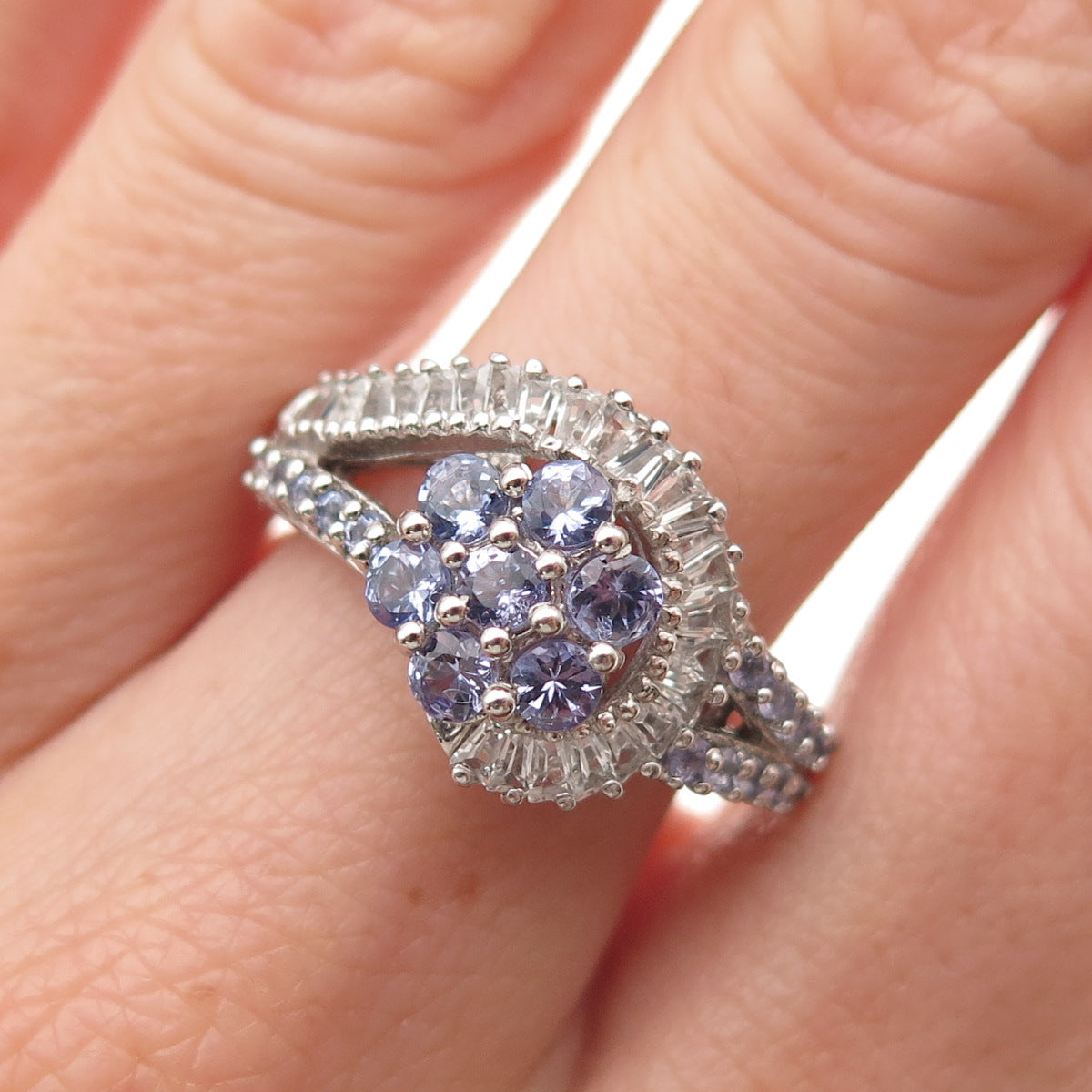 Chuck Clemency 925 Sterling Silver Real Tanzanite & White Topaz Ring Size 8.25