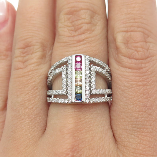 925 Sterling Silver Multi-Color C Z Geometric Ring Size 8