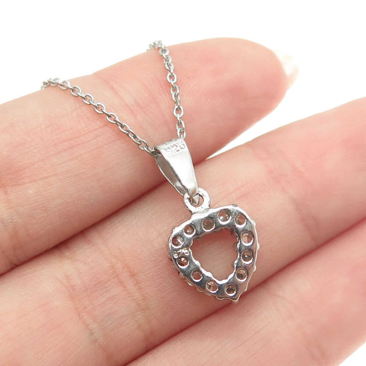 925 Sterling Silver Round-Cut C Z Heart Cable Chain Necklace 16"