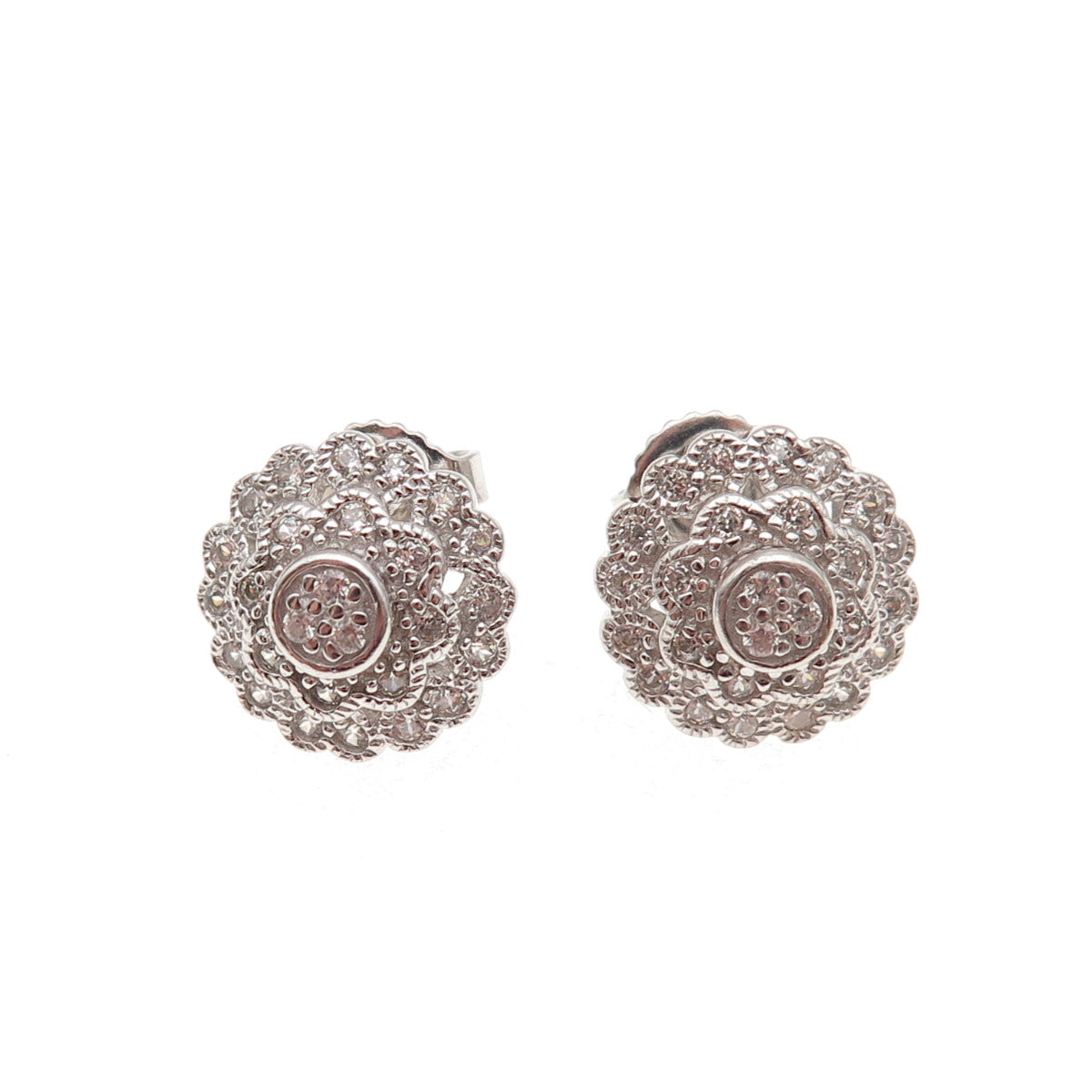 ESPO Joseph Esposito 925 Sterling Silver Round-Cut C Z Floral Stud Earrings