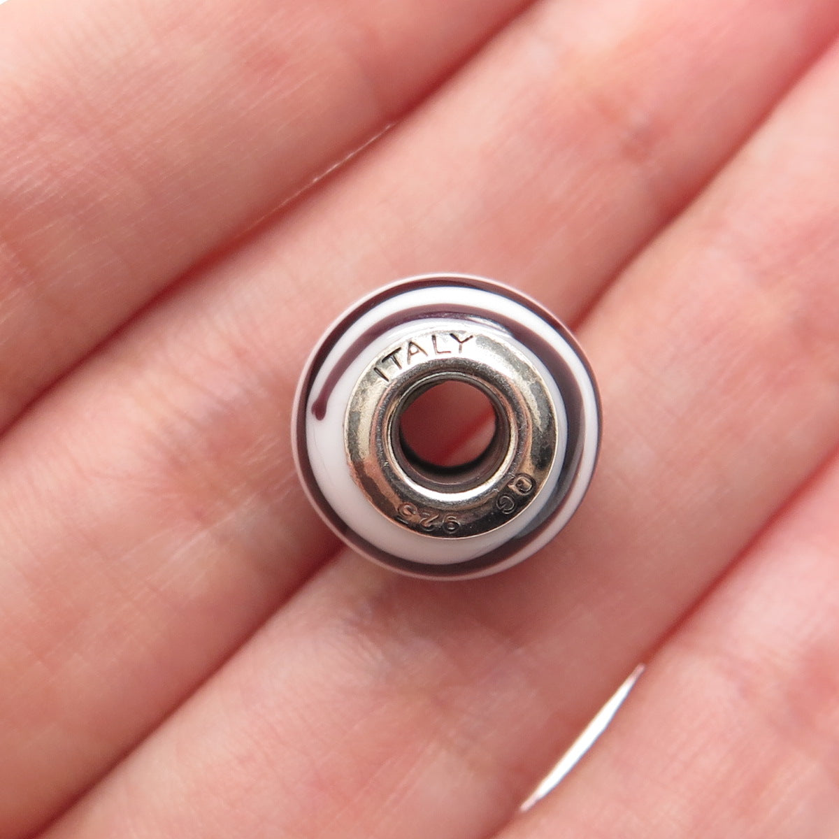 925 Sterling Silver QG Italy Chocolate & White Murano Glass Bead Charm