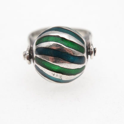925 Sterling Silver Vintage Italy Enamel Modernist Ball Adjustable Ring Size 6