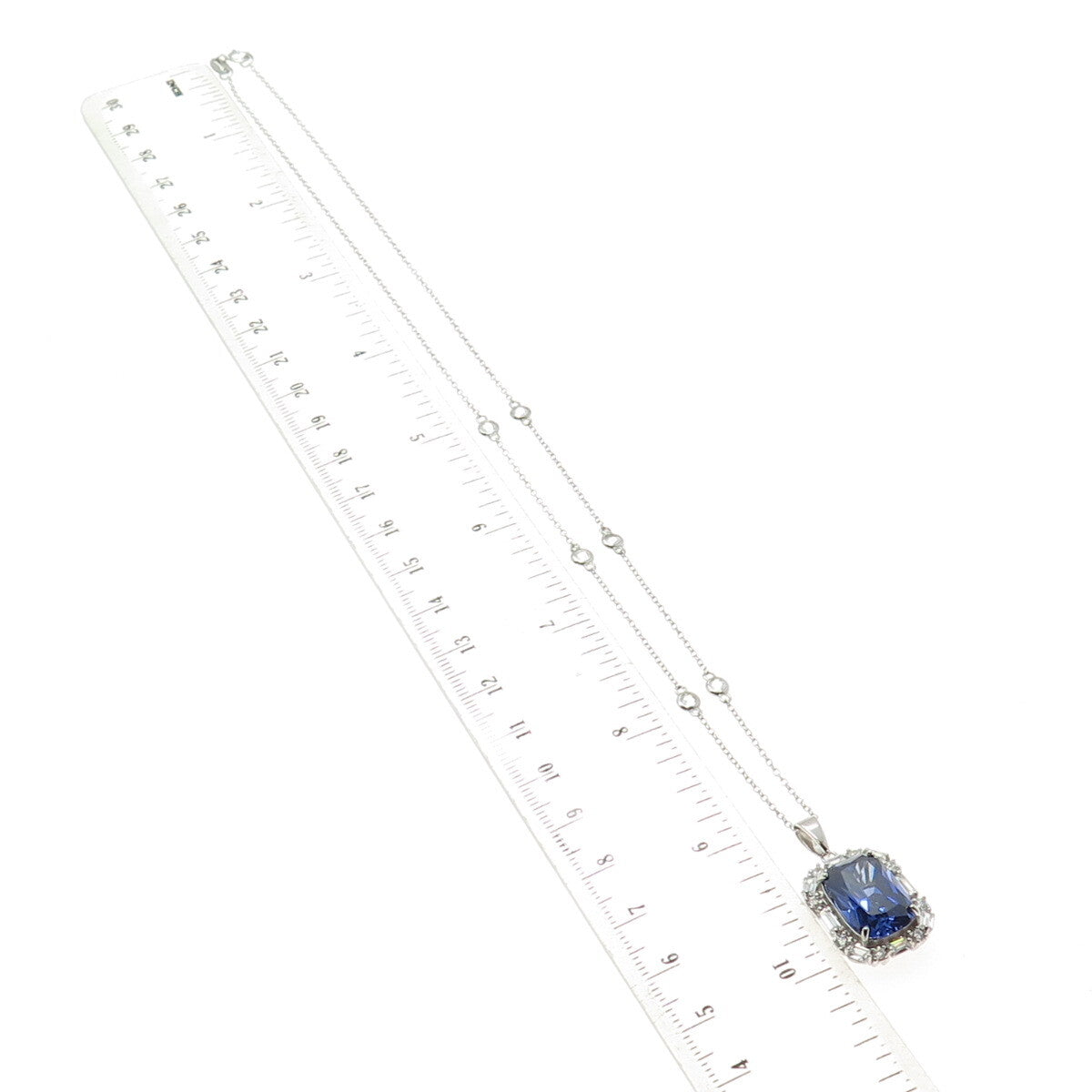925 Sterling Silver Blue & White C Z Station Chain Necklace 18"