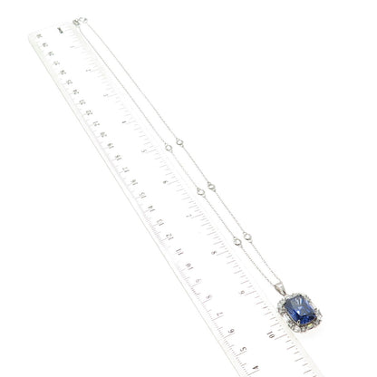 925 Sterling Silver Blue & White C Z Station Chain Necklace 18"