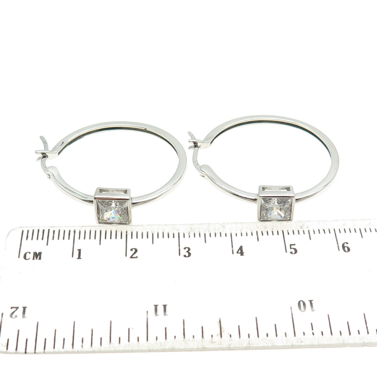 DEE BERKLEY JEWELRY 925 Sterling Princess-Cut Shaped C Z Hinged Hoop Earrings