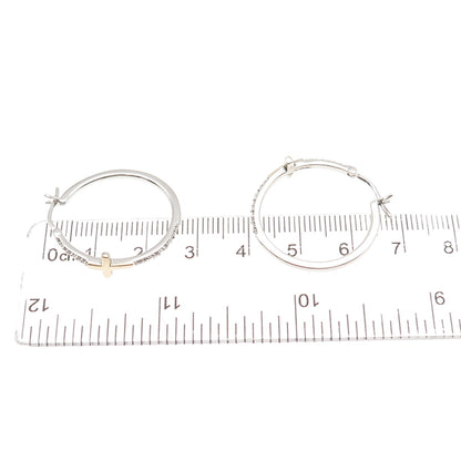 Sun 925 Sterling Silver 10K Gold Real Round-Cut Diamond Cross Hoop Earrings