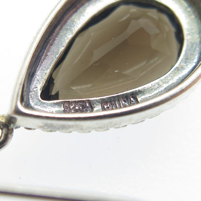 925 Sterling Silver Vintage Real Pear-Cut Smoky Quartz Dangle Earrings