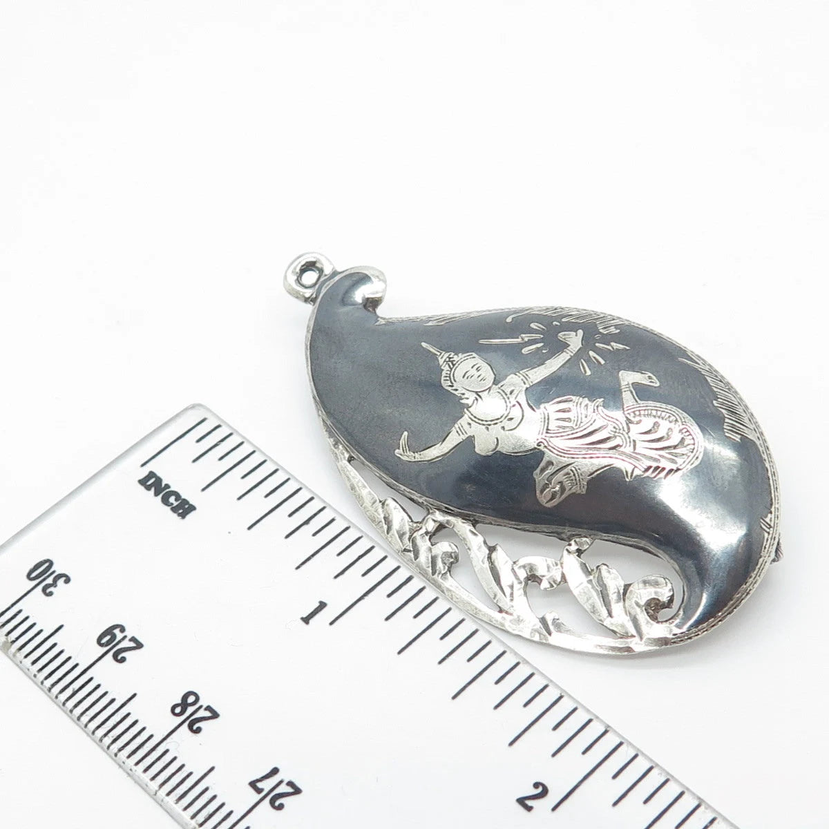 925 Sterling Silver Vintage Siam Niello Hindu Goddess Pin Brooch / Pendant