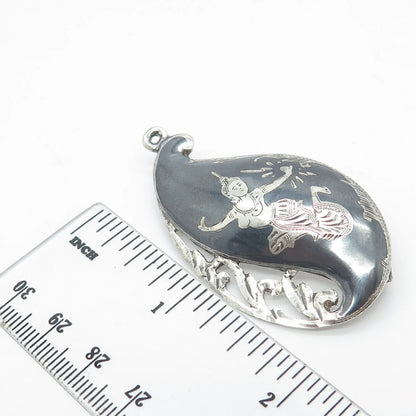 925 Sterling Silver Vintage Siam Niello Hindu Goddess Pin Brooch / Pendant