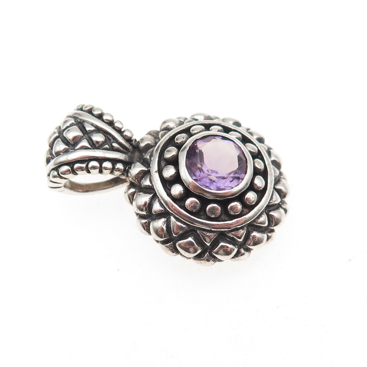 925 Sterling Silver Vintage Real Amethyst Oxidized Charm Pendant