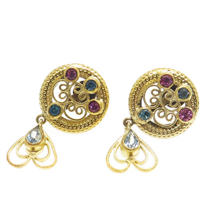 925 Sterling Silver Gold Plated Vintage Rhinestone Heart Screw Back Earrings