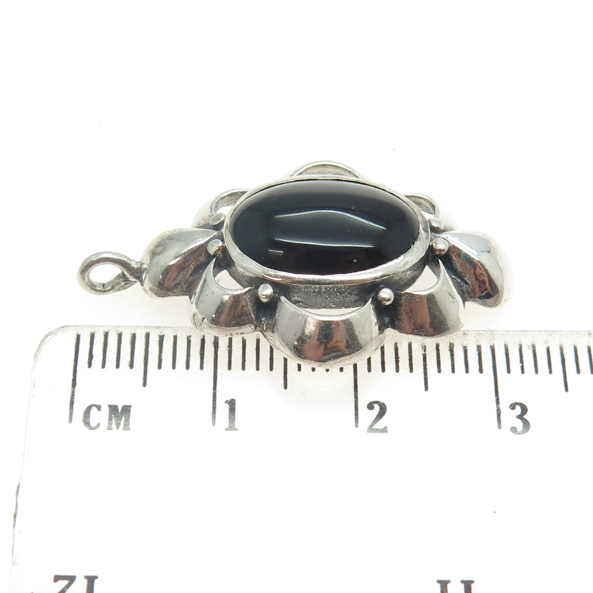 MORNING SUN 925 Sterling Silver Vintage Real Black Onyx Floral Pendant