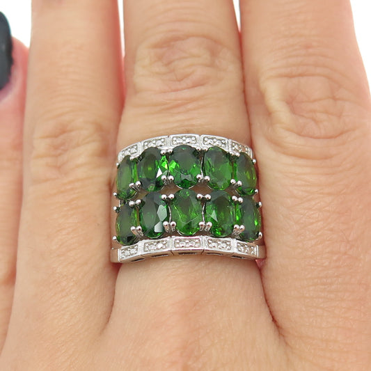 925 Sterling Silver Real Oval-Cut Chrome Diopside Cluster Ring Size 7.25