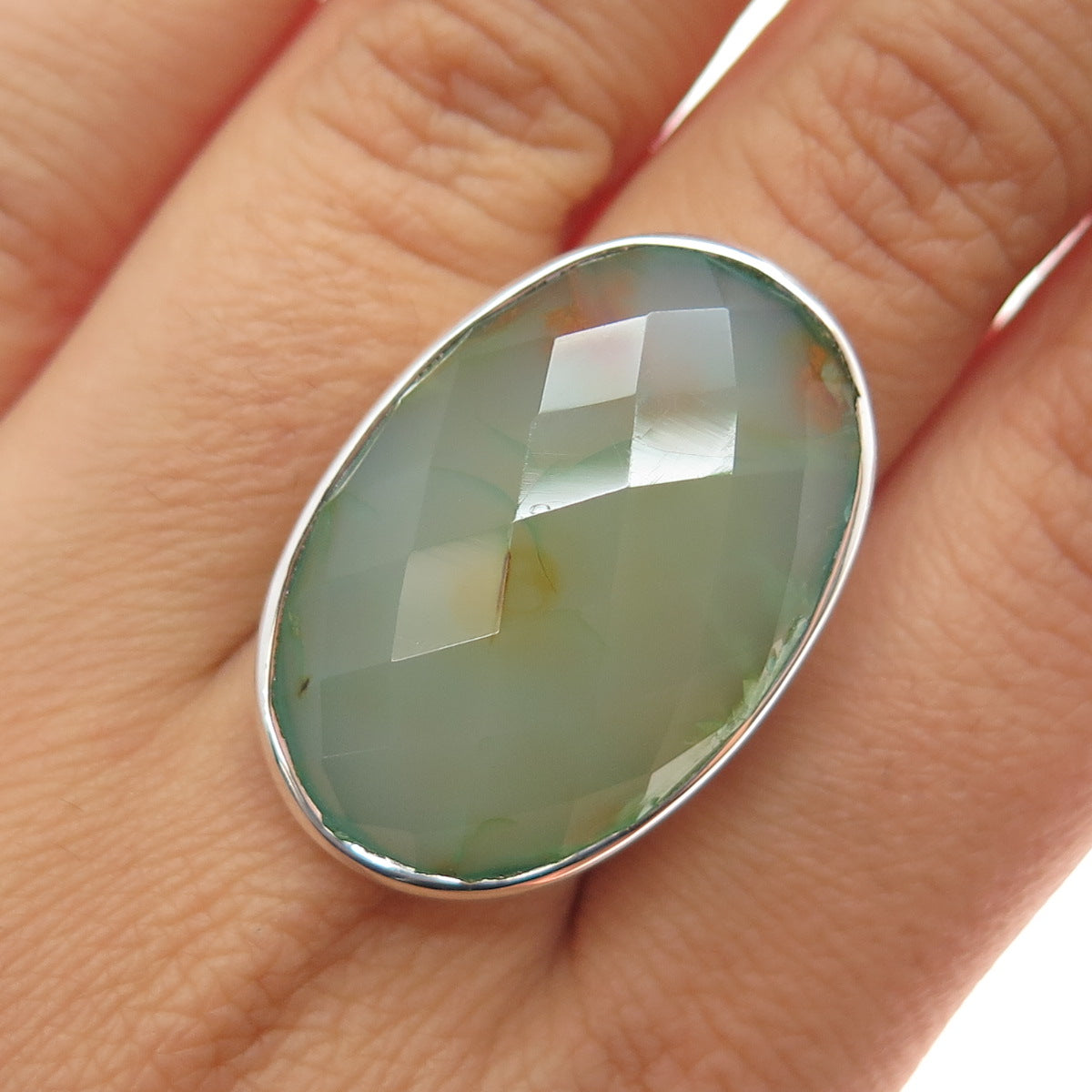 925 Sterling Silver Vintage Real Green Agate Modernist Ring Size 10