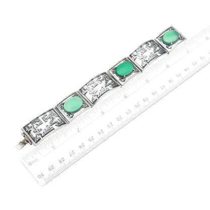 925 Sterling Silver Vintage Real Green Onyx Oxidized Panel Link Bracelet 7.25"