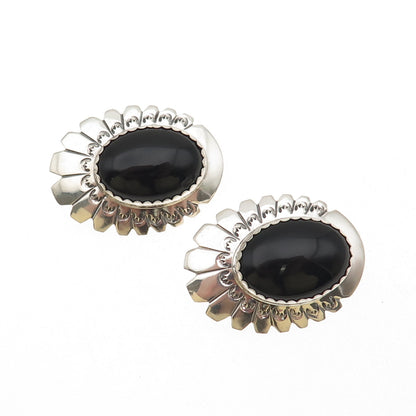 Alex Begay Navajo Old Pawn Sterling Silver Vintage Black Onyx Clip On Earrings