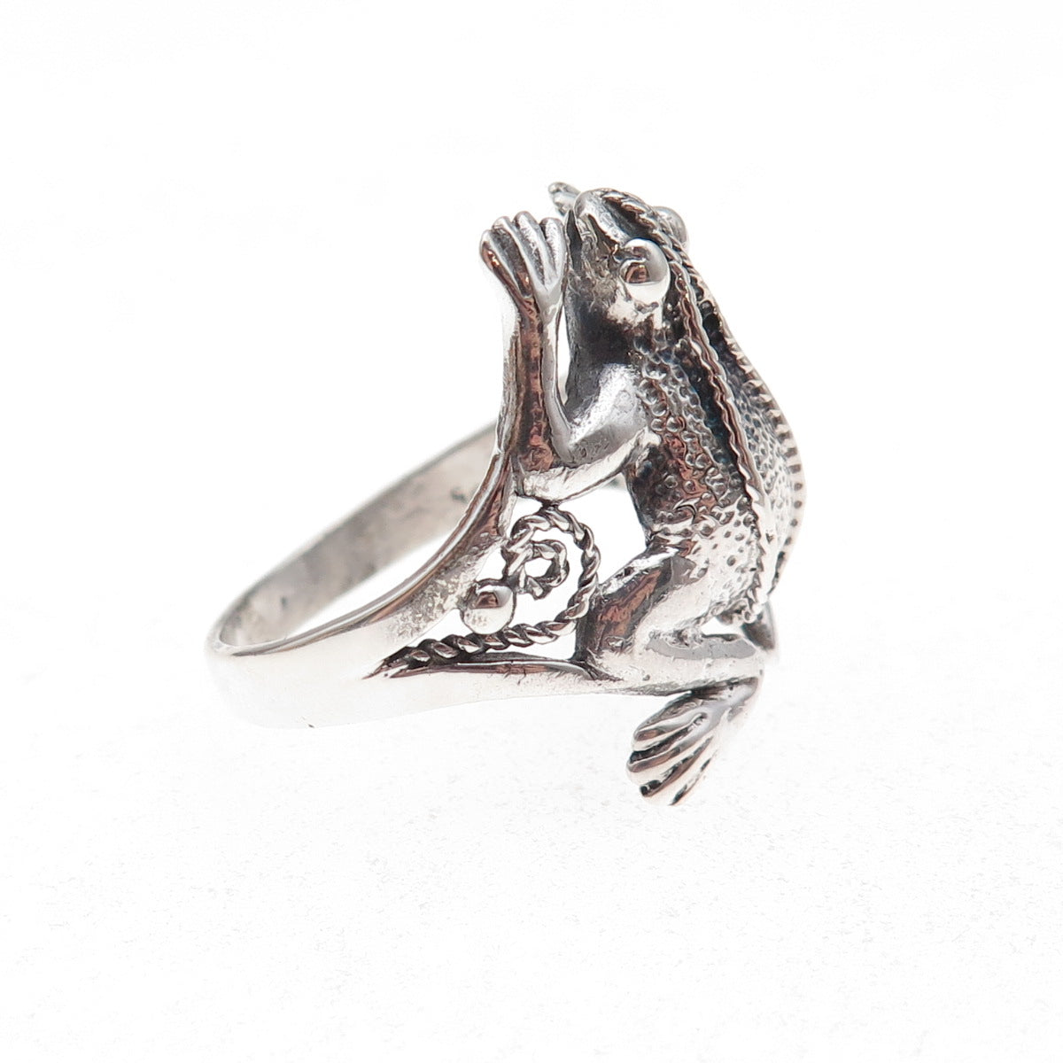 925 Sterling Silver Vintage Frog Good Luck Oxidized Ring Size 9.75