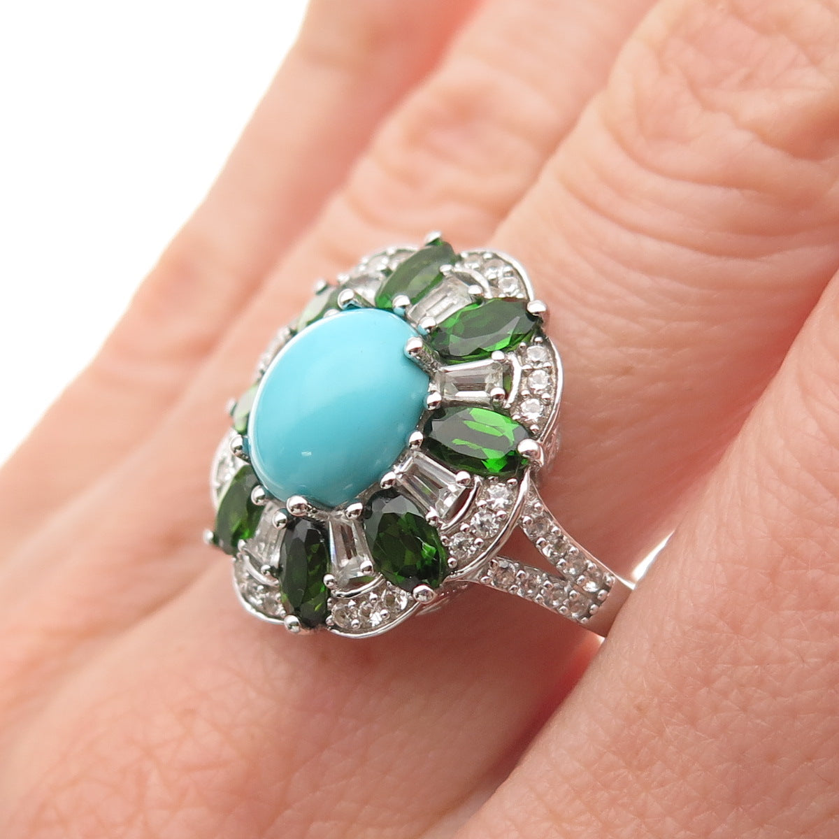 925 Sterling Silver Real Turquoise Peridot & White Topaz Ring Size 8.25