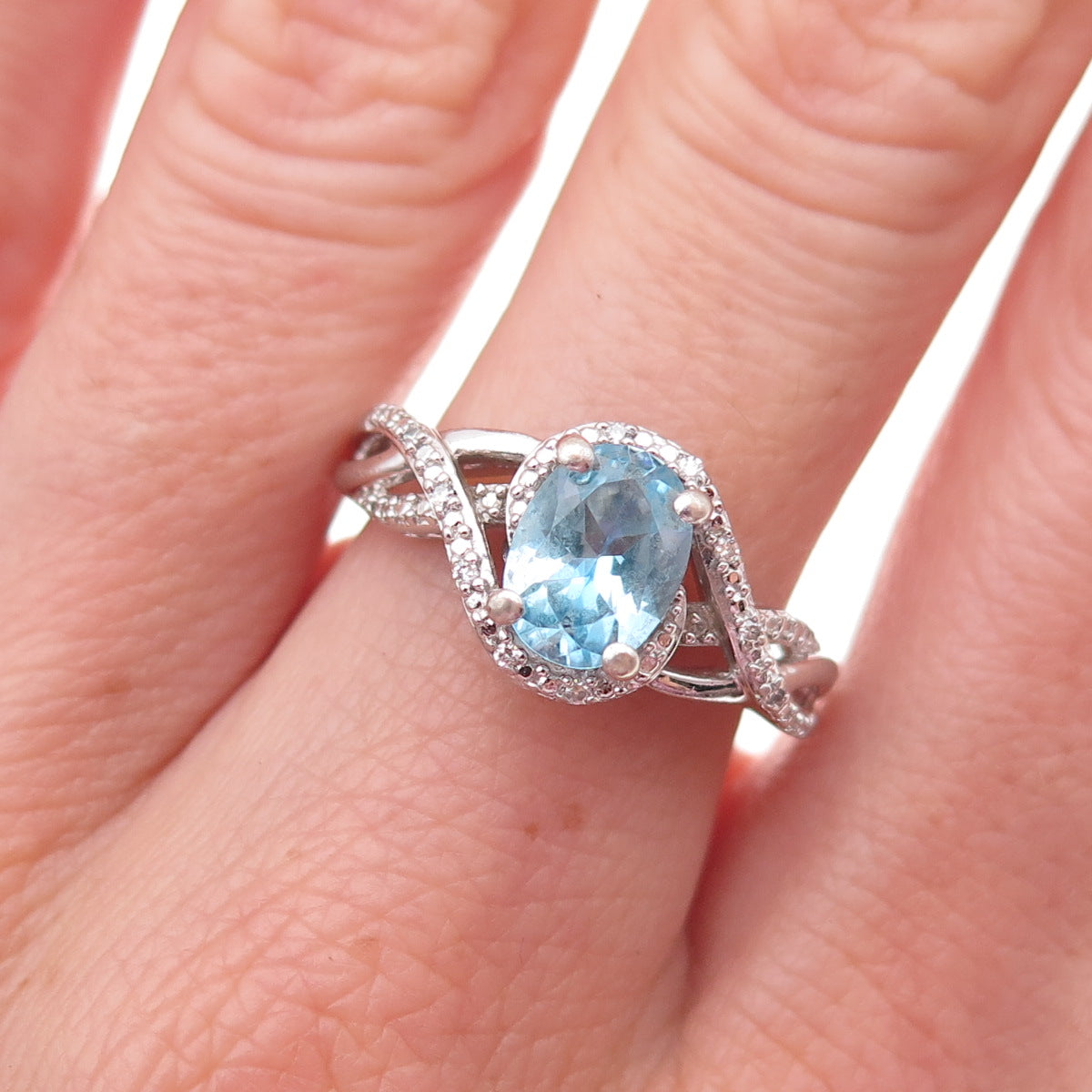 925 Sterling Silver Real Diamond & Blue Topaz Ring Size 7