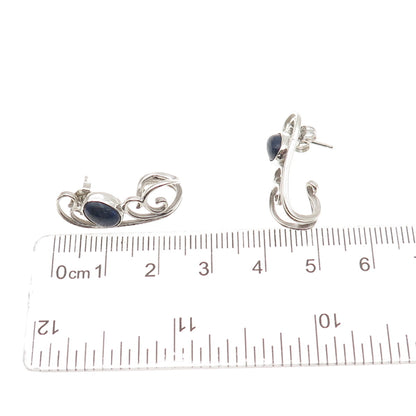 925 Sterling Silver Vintage Real Sodalite Modernist Ornate Claw Earrings