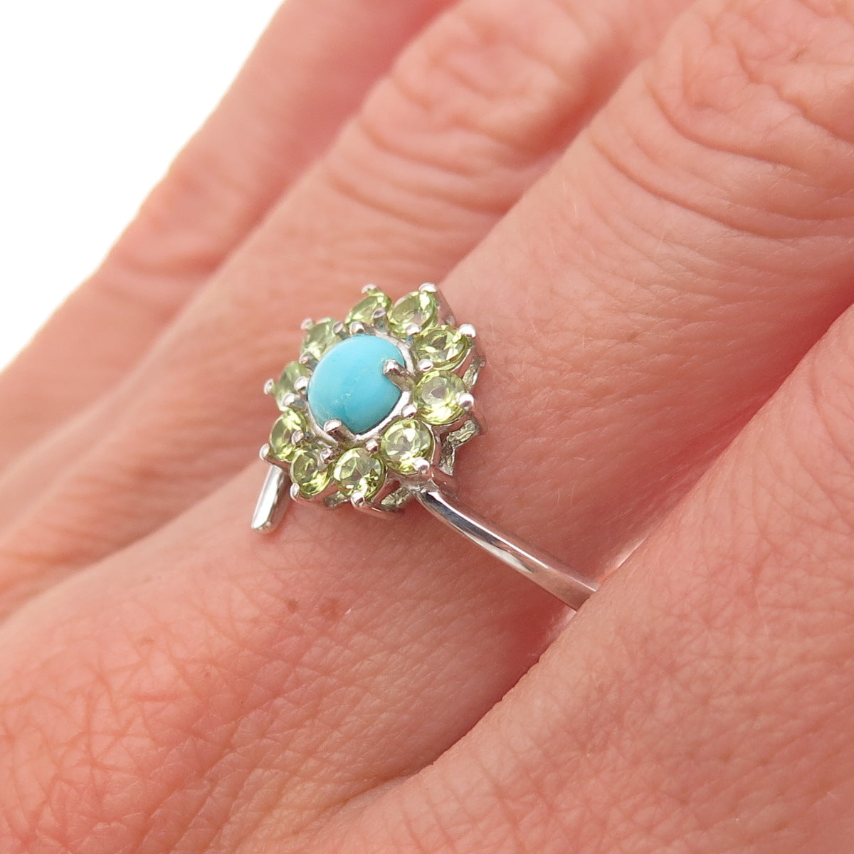 Chuck Clemency 925 Sterling Silver Real Turquoise Peridot Floral Ring Size 8.25