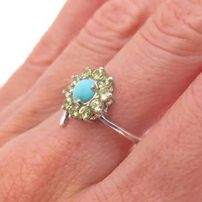 Chuck Clemency 925 Sterling Silver Real Turquoise Peridot Floral Ring Size 8.25