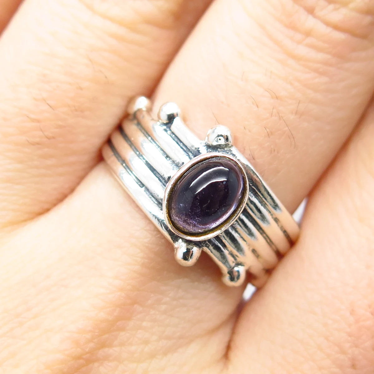 925 Sterling Silver Vintage Real Amethyst Gemstone Striped Ring Size 8