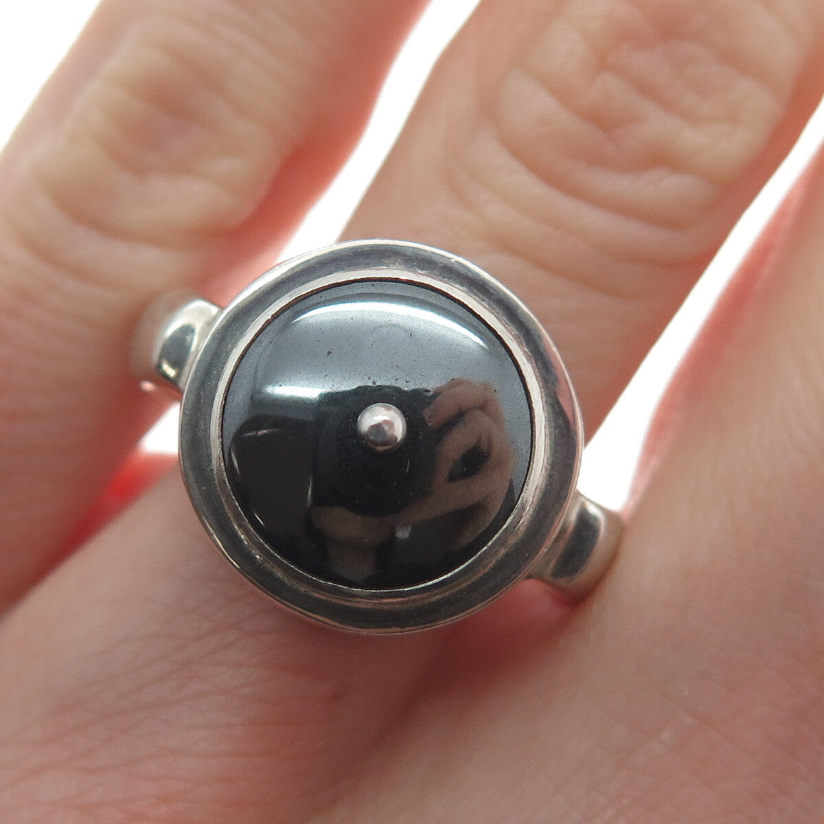 925 Sterling Silver Vintage Real Hematite Modernist Oxidized Ring Size 7