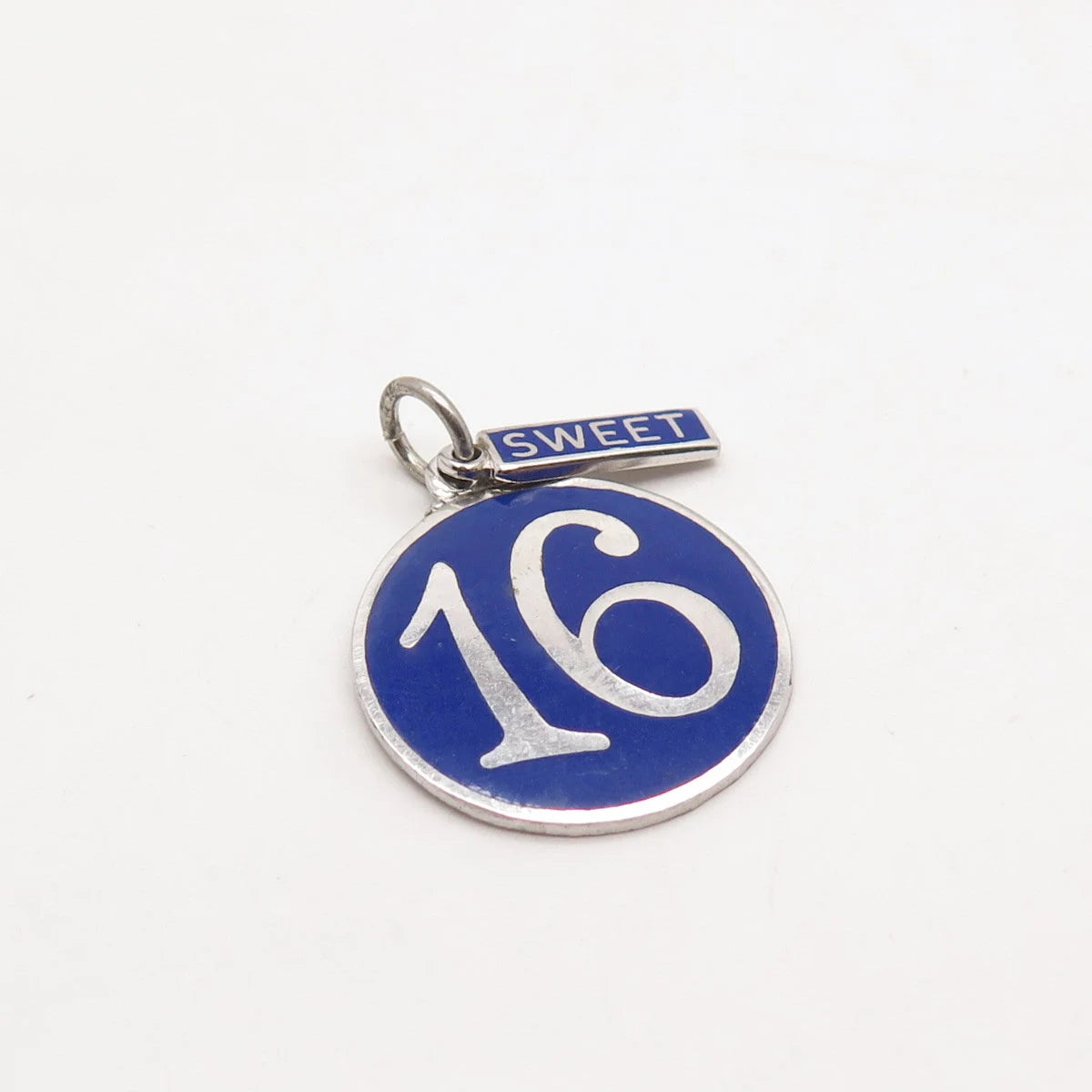 925 Sterling Silver Vintage Old Stock Blue Enamel "Sweet 16" Round Pendant