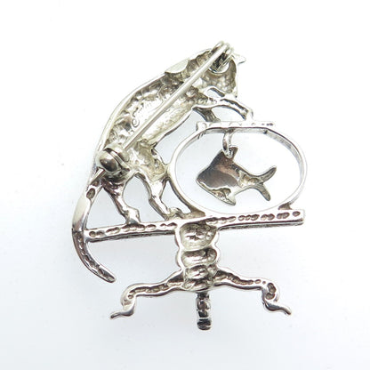 JEZLAINE 925 Sterling Silver Vintage Playing Cat w/ Fish Oxidized Pin Brooch