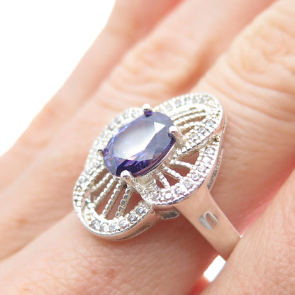 925 Sterling Silver Nano Amethyst & C Z Flower Ring Size 6.75