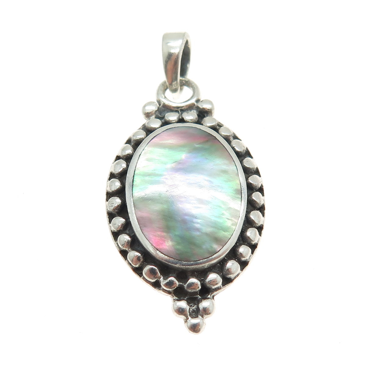 925 Sterling Silver Vintage Real Abalone Shell Beaded Pendant