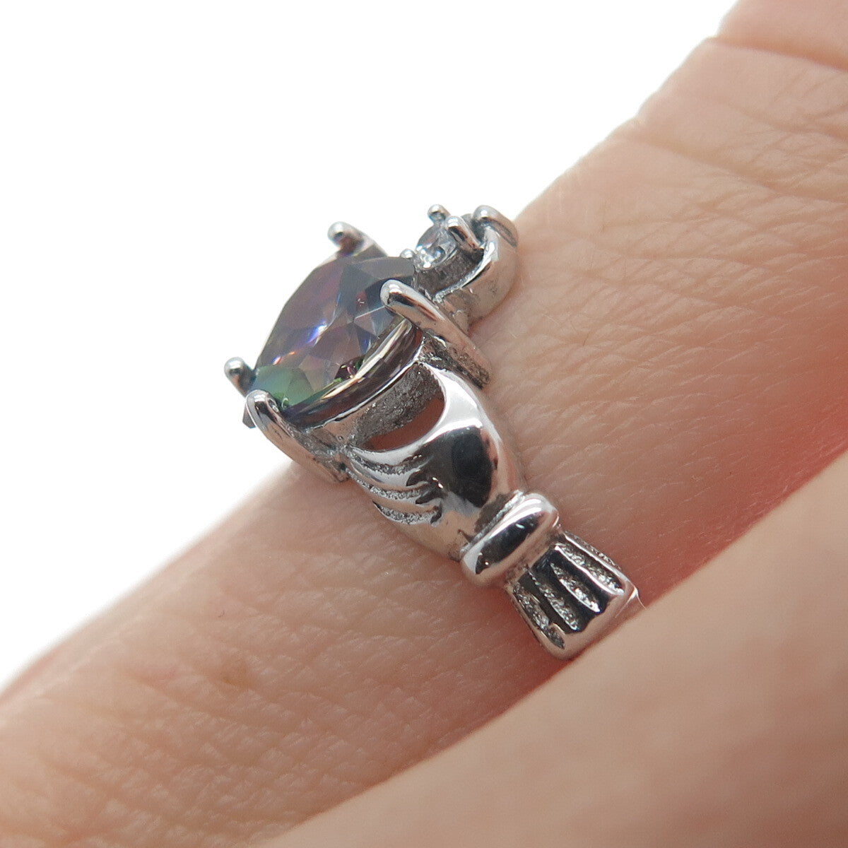 925 Sterling Silver Heart-Cut Mystic Quartz & C Z Irish Claddagh Ring Size 5
