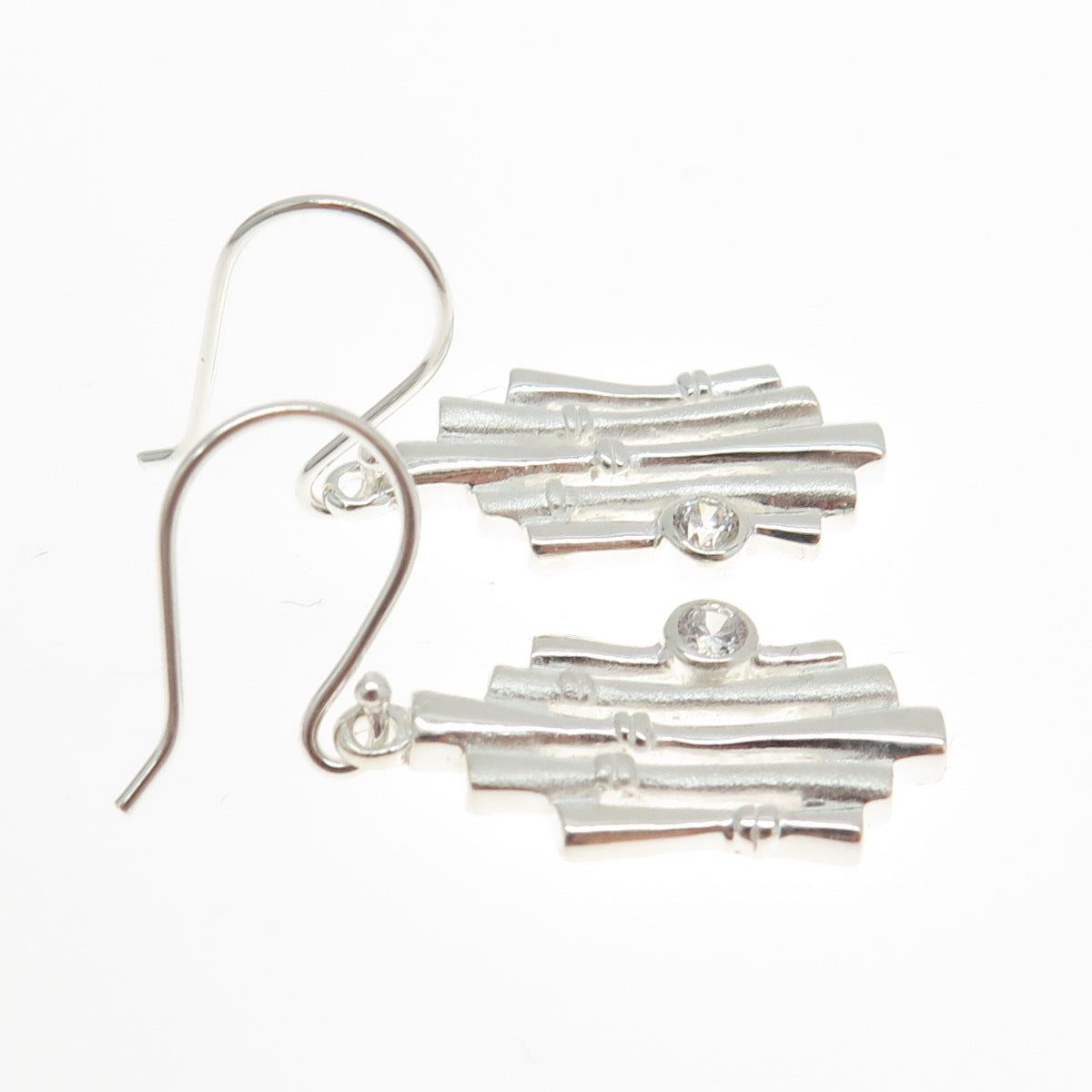 925 Sterling Silver Round-Cut C Z Bamboo Dangling Earrings