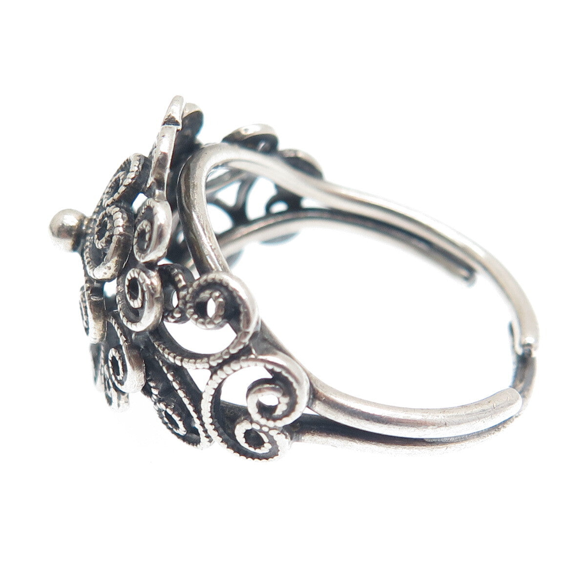 BEAU Sterling Silver Antique Art Deco Filigree Flower Adjustable Ring Size 6.5