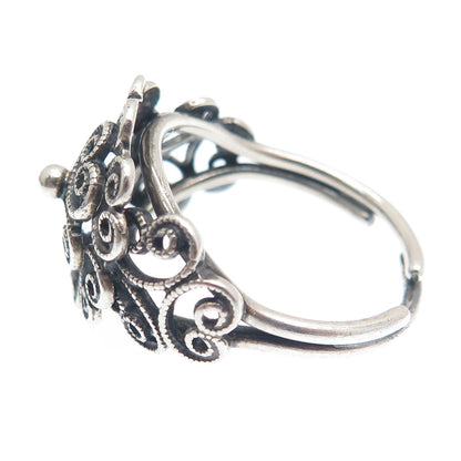 BEAU Sterling Silver Antique Art Deco Filigree Flower Adjustable Ring Size 6.5