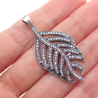 925 Sterling Silver Vintage Round-Cut C Z Feather Oxidized Charm Pendant
