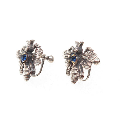 925 Sterling Silver Antique Art Deco Rhinestone Bee Oxidized Screw Back Earrings