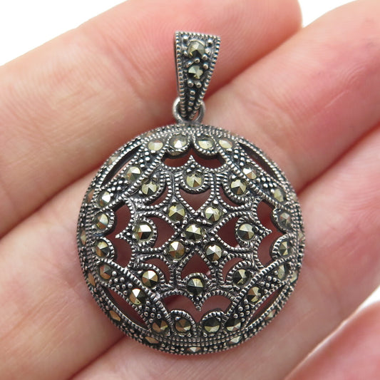 925 Sterling Silver Vintage Real Marcasite Floral Dome Oxidized Pendant